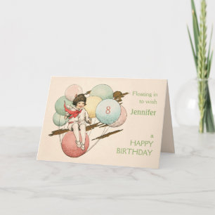 Vintage birthday girl floating on balloons card