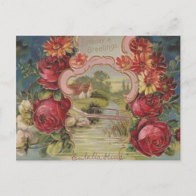 Vintage Birthday Greetings Pretty Flowers Postcard (Front)