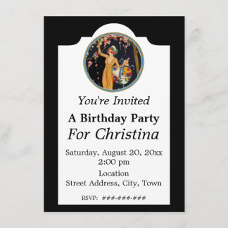 Vintage Birthday Lady Picking Pink Cherry Blossoms Invitation