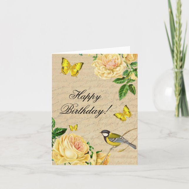 Vintage birthday note card with roses and bird (Front)