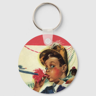 Vintage Birthday Party, Girl with Noise Maker Keychain