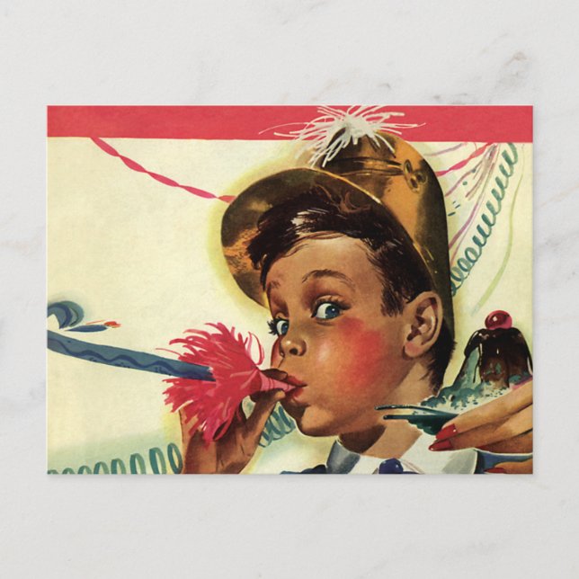 Vintage Birthday Party, Girl with Noise Maker Postcard (Front)