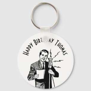 Vintage Birthday Radio Announcer Keychain