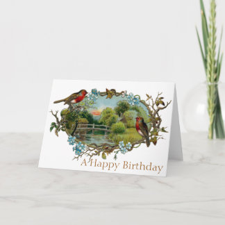 Vintage Birthday Robins and Forget-Me-Nots Card