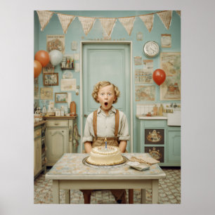 Vintage Birthday Surprise Kitchen Scene Poster