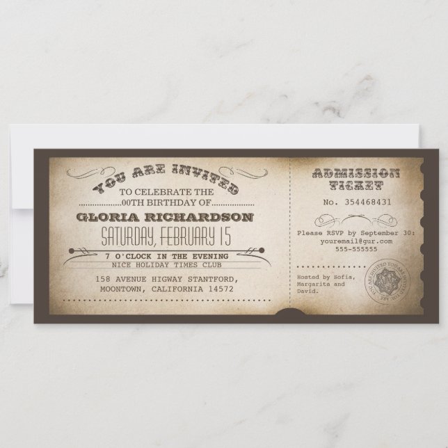 vintage birthday ticket typography design invitation (Front)
