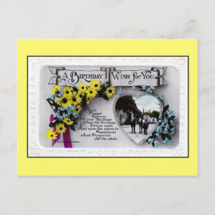 Vintage birthday wish for you, flowers, village postcard