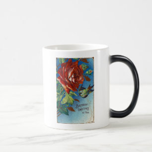 Vintage Birthday Wishes Rose and Bird Magic Mug