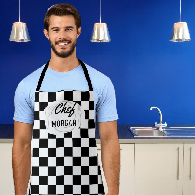 Vintage Bistro Black and White Chequerboard Mens Apron (Cook in style and with a sense of humor with our fun customizable apron. )