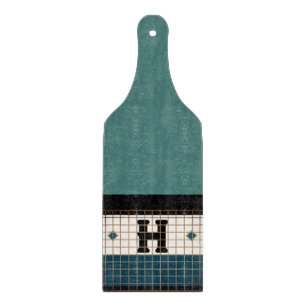 Vintage Bistro Tile Turquoise and Navy Monogram Cutting Board