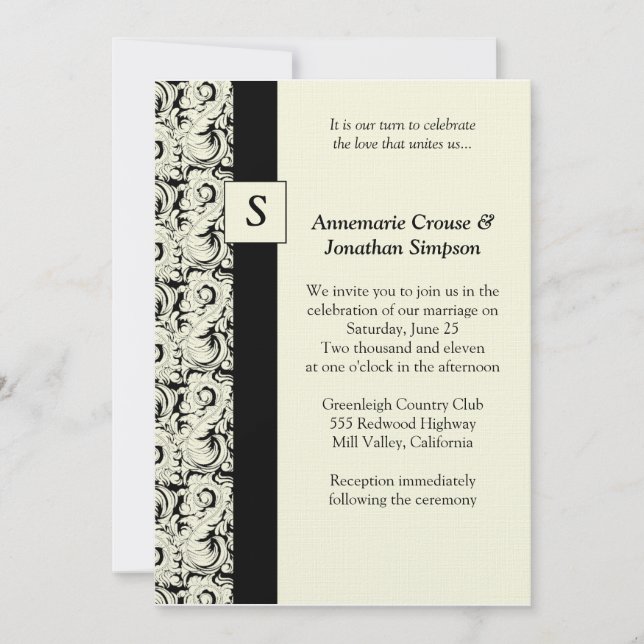 Vintage Black and Cream Damask Wedding Invitation (Front)