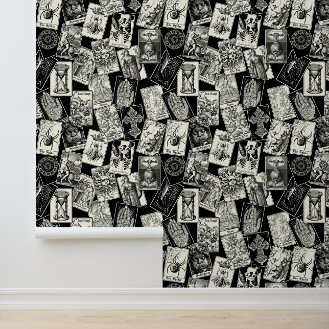Vintage Black and Cream Gothic Engraving Tarot Wallpaper (Application)