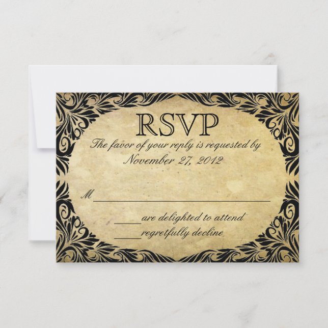 Vintage Black and Cream Wedding RSVP Card (Front)