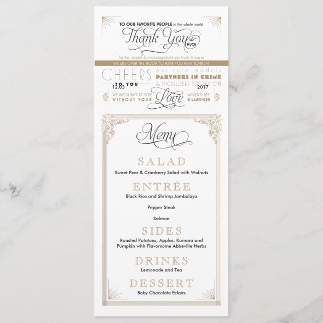 Vintage Black and Gold Thank You Menu Cards (Front)