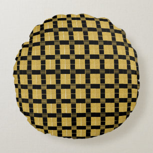 Vintage Black and golden Bufallo plaid pattern Round Pillow