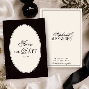 Vintage Black and Ivory Oval Old Money Wedding Save The Date