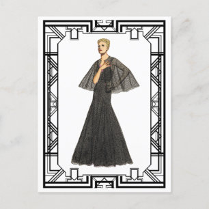 Vintage Black and White 1940s Swiss Dot Tulle Gown Postcard