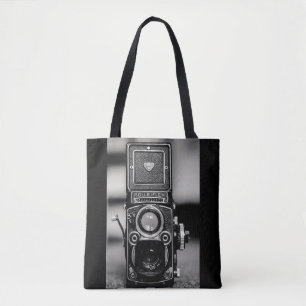 Vintage black and white camera photograph tote bag