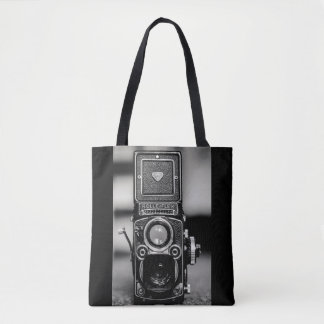 Vintage black and white camera photograph tote bag