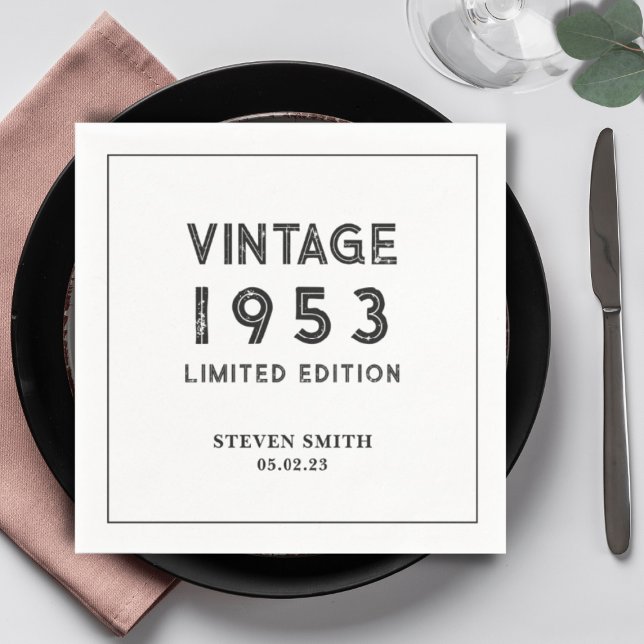 Vintage Black and White Custom Year Birthday Napkin (Creator Uploaded)