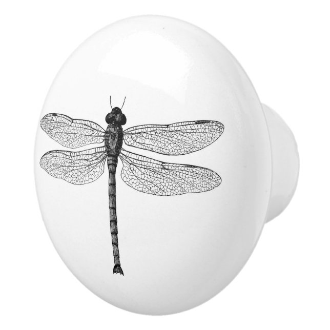 Vintage Black and White Dragonfly Illustration Ceramic Knob (Right)