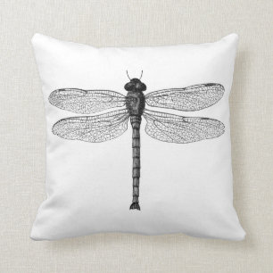 Vintage Black and White Dragonfly Illustration Throw Pillow