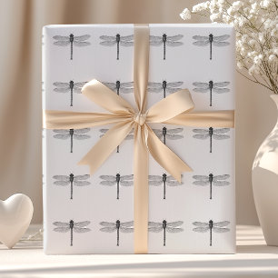 Vintage Black and White Dragonfly Illustration Wrapping Paper