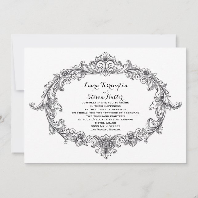Vintage black and white elegant scroll invitations (Front)