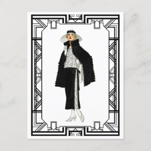 Vintage Black and White Flapper Fashion Art Postcard