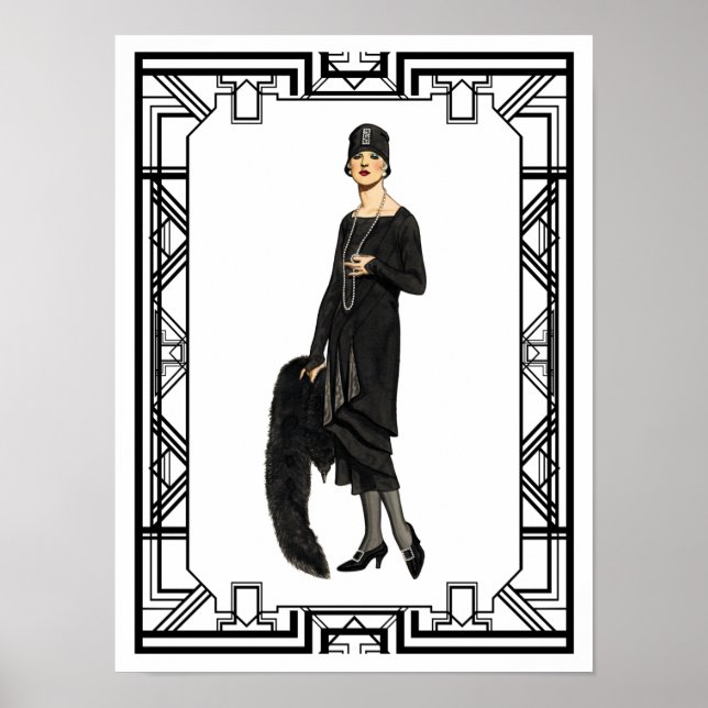 Vintage Black and White Flapper Illustration Poster (Front)