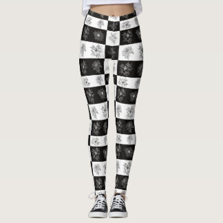 Vintage Black and white flowers chequered pattern Leggings