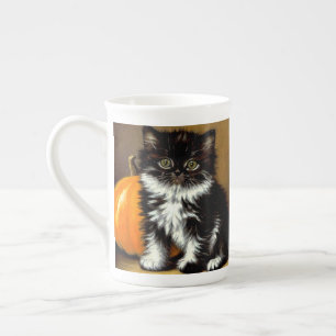 Vintage Black and White Halloween Cat Bone China Mug