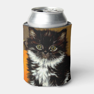 Vintage Black and White Halloween Cat Can Cooler