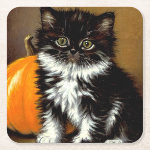 Vintage Black and White Halloween Cat Square Paper Coaster