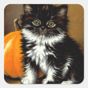 Vintage Black and White Halloween Cat Square Sticker