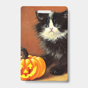 Vintage Black and White Halloween Kitten Badge