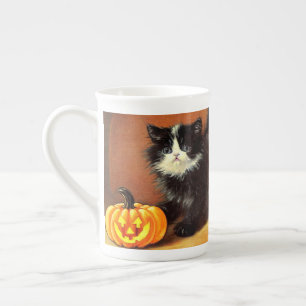 Vintage Black and White Halloween Kitten Bone China Mug