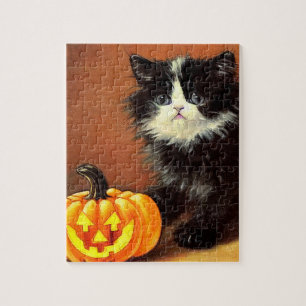 Vintage Black and White Halloween Kitten Jigsaw Puzzle