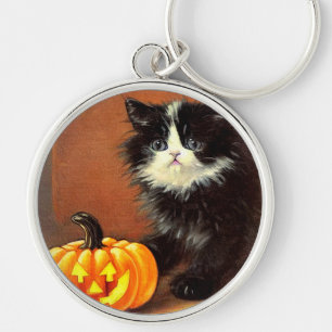 Vintage Black and White Halloween Kitten Keychain