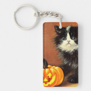 Vintage Black and White Halloween Kitten Keychain