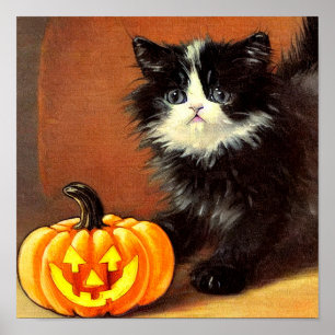 Vintage Black and White Halloween Kitten Poster