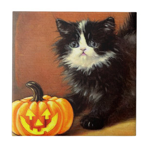 Vintage Black and White Halloween Kitten Tile