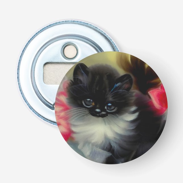 Vintage Black and White Kitten Painting Bottle Opener (Front)