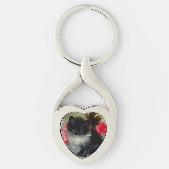 Vintage Black and White Kitten Painting Keychain (Front)