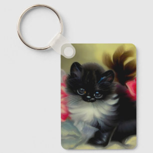 Vintage Black and White Kitten Painting Keychain