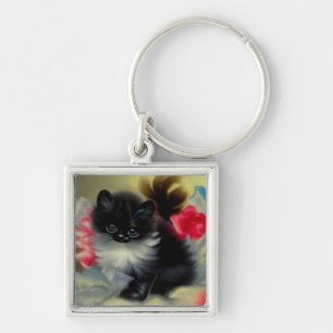 Vintage Black and White Kitten Painting Keychain