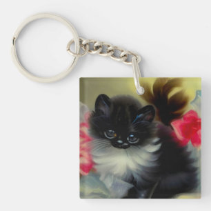 Vintage Black and White Kitten Painting Keychain
