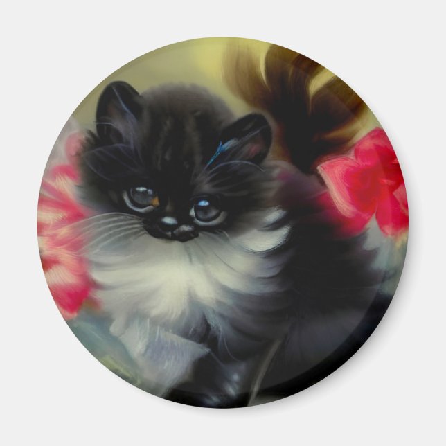 Vintage Black and White Kitten Painting Magnet (Front)
