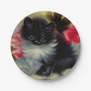 Vintage Black and White Kitten Painting Paper Plate