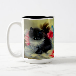 Vintage Black and White Kitten Painting Two-Tone Coffee Mug
